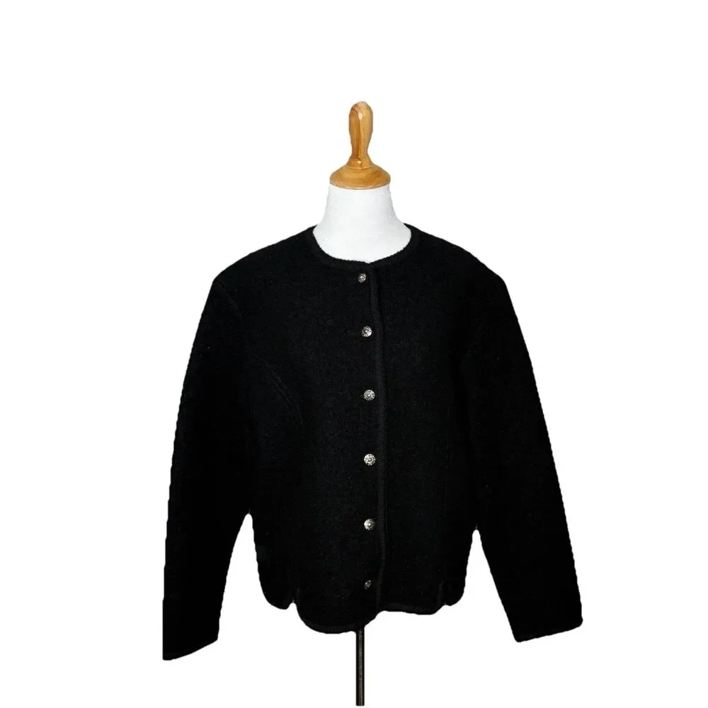 Vintage Orvis Black 100 % Wool Button Front Cardigan Sweater Size 10 Womens